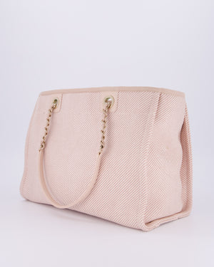 Chanel Small Canvas Deauville Tote Bag In Light Pink and Cream Canvas with Champagne Gold Hardware