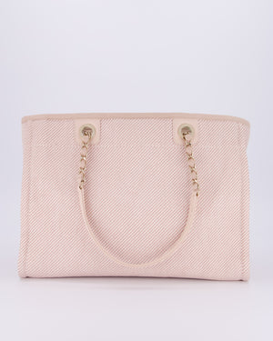 Chanel Small Canvas Deauville Tote Bag In Light Pink and Cream Canvas with Champagne Gold Hardware