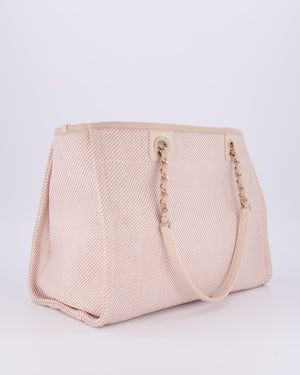 Chanel Small Canvas Deauville Tote Bag In Light Pink and Cream Canvas with Champagne Gold Hardware