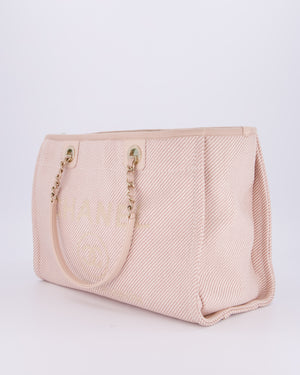 Chanel Small Canvas Deauville Tote Bag In Light Pink and Cream Canvas with Champagne Gold Hardware