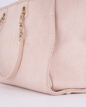 Chanel Small Canvas Deauville Tote Bag In Light Pink and Cream Canvas with Champagne Gold Hardware