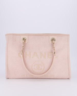 Chanel Small Canvas Deauville Tote Bag In Light Pink and Cream Canvas with Champagne Gold Hardware