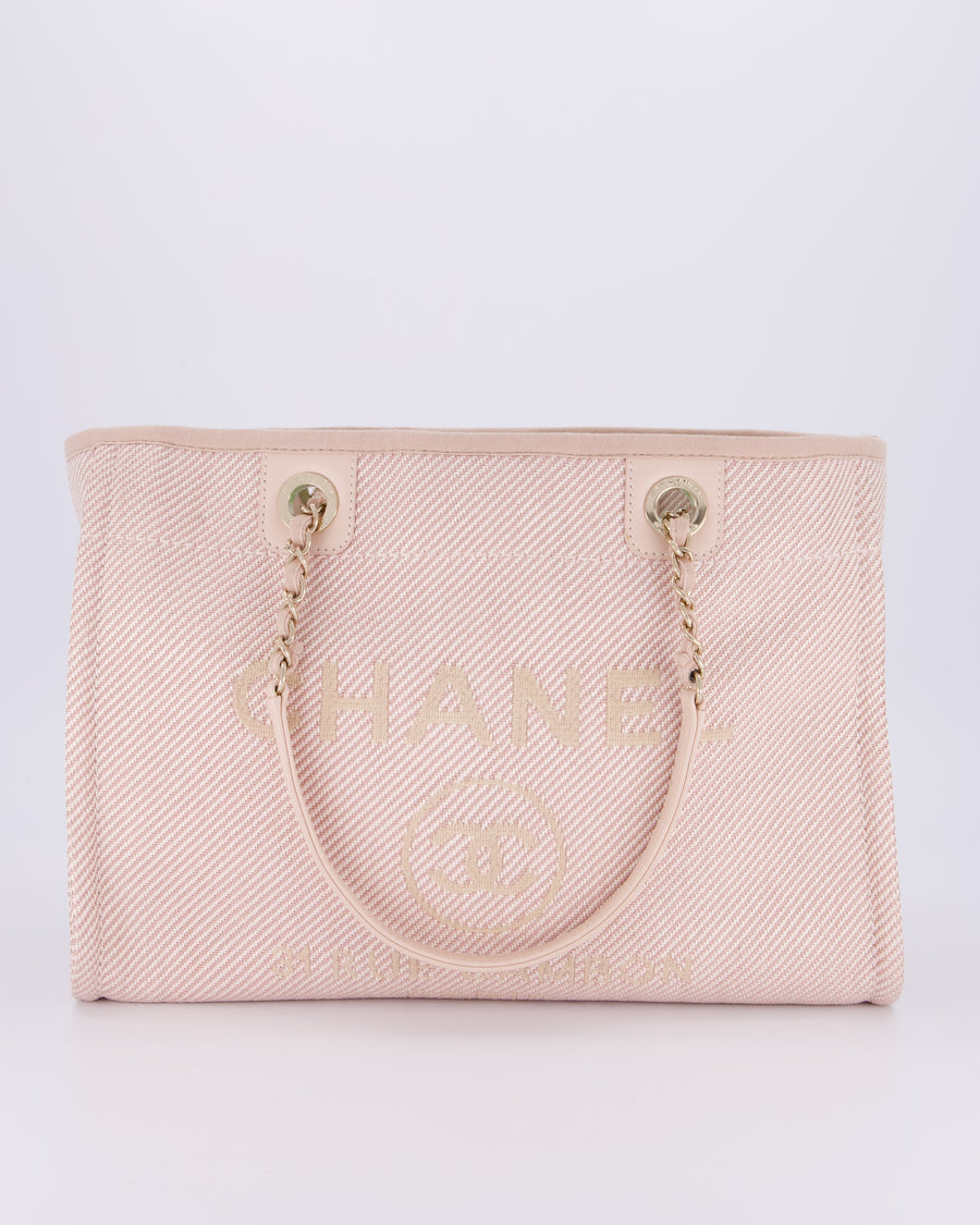Chanel Small Canvas Deauville Tote Bag In Light Pink and Cream Canvas with Champagne Gold Hardware