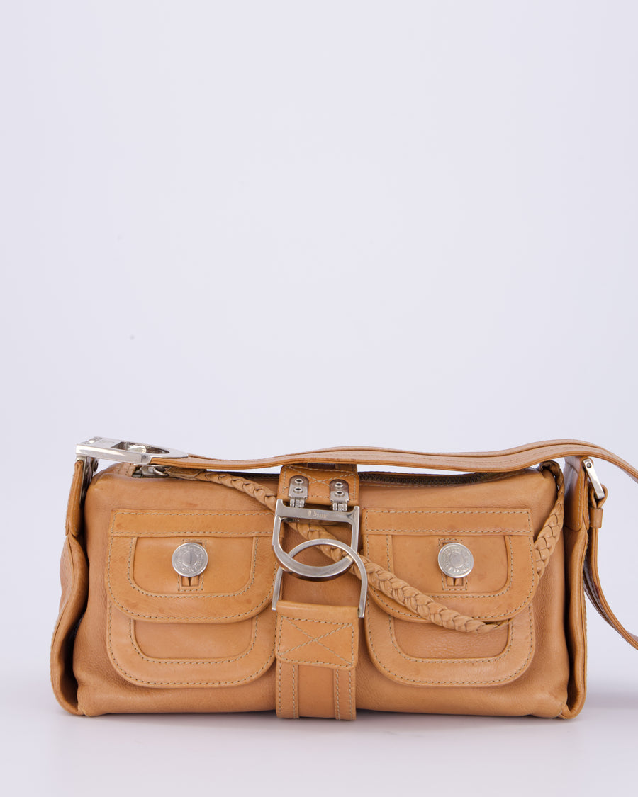 Christian Dior Beige Vintage 2005 Flight Line Medium Hobo Shoulder Bag in Calfskin Leather with Antique Silver Hardware