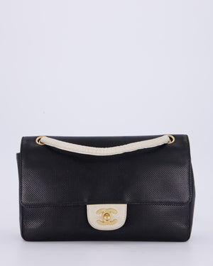 Chanel Black and White Perforated Vintage Medium Single Flap Bag in Lambskin Leather with Brushed Gold Hardware