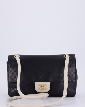 Chanel Black and White Perforated Vintage Medium Single Flap Bag in Lambskin Leather with Brushed Gold Hardware