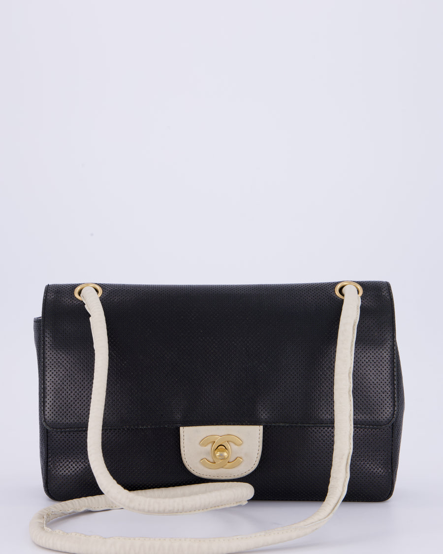 Chanel Black and White Perforated Vintage Medium Single Flap Bag in Lambskin Leather with Brushed Gold Hardware