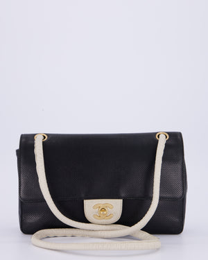 Chanel Black and White Perforated Vintage Medium Single Flap Bag in Lambskin Leather with Brushed Gold Hardware