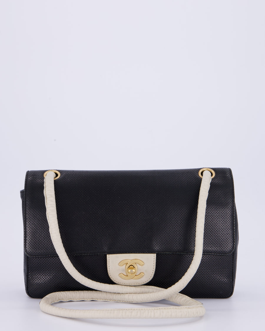 Chanel Black and White Perforated Vintage Medium Single Flap Bag in Lambskin Leather with Brushed Gold Hardware