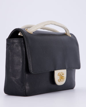 Chanel Black and White Perforated Vintage Medium Single Flap Bag in Lambskin Leather with Brushed Gold Hardware