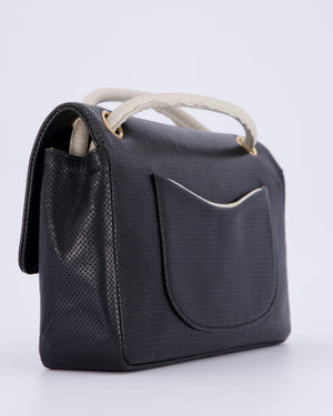 Chanel Black and White Perforated Vintage Medium Single Flap Bag in Lambskin Leather with Brushed Gold Hardware