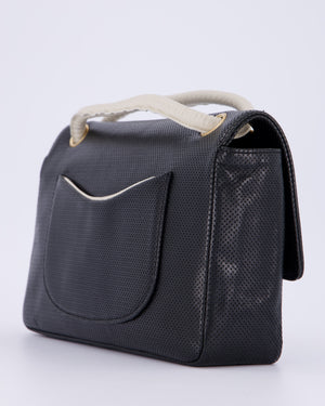 Chanel Black and White Perforated Vintage Medium Single Flap Bag in Lambskin Leather with Brushed Gold Hardware