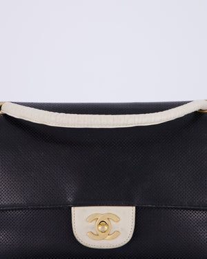 Chanel Black and White Perforated Vintage Medium Single Flap Bag in Lambskin Leather with Brushed Gold Hardware