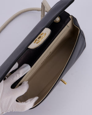 Chanel Black and White Perforated Vintage Medium Single Flap Bag in Lambskin Leather with Brushed Gold Hardware
