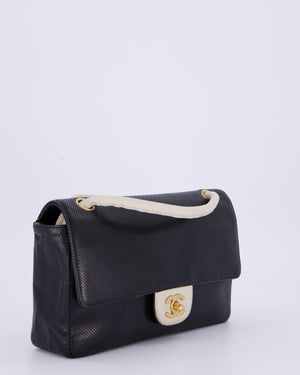 Chanel Black and White Perforated Vintage Medium Single Flap Bag in Lambskin Leather with Brushed Gold Hardware