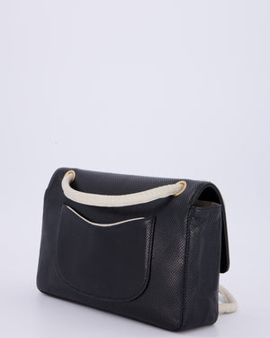 Chanel Black and White Perforated Vintage Medium Single Flap Bag in Lambskin Leather with Brushed Gold Hardware