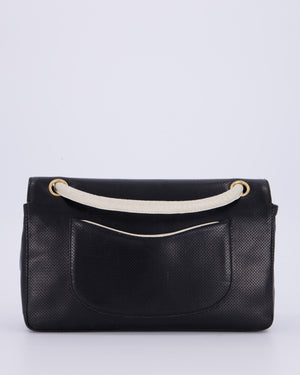 Chanel Black and White Perforated Vintage Medium Single Flap Bag in Lambskin Leather with Brushed Gold Hardware