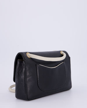 Chanel Black and White Perforated Vintage Medium Single Flap Bag in Lambskin Leather with Brushed Gold Hardware