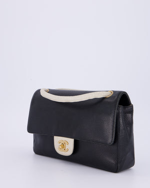 Chanel Black and White Perforated Vintage Medium Single Flap Bag in Lambskin Leather with Brushed Gold Hardware