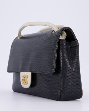 Chanel Black and White Perforated Vintage Medium Single Flap Bag in Lambskin Leather with Brushed Gold Hardware