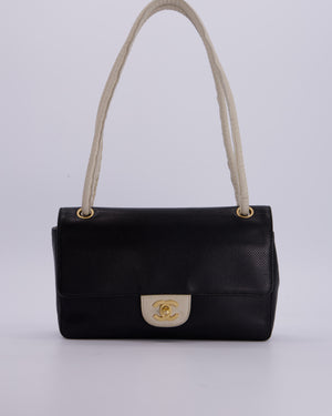 Chanel Black and White Perforated Vintage Medium Single Flap Bag in Lambskin Leather with Brushed Gold Hardware