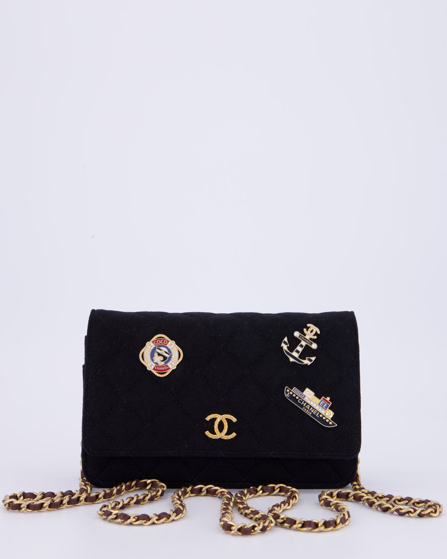 Chanel Black Métiers des Arts Paris-Hamburg Wallet On Chain Bag In Wool With Nautical Charms And Burgundy Lambskin Leather Strap