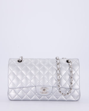 *RARE* Chanel Metallic Silver Medium Classic Double Flap Bag in Lambskin Leather with Silver Hardware