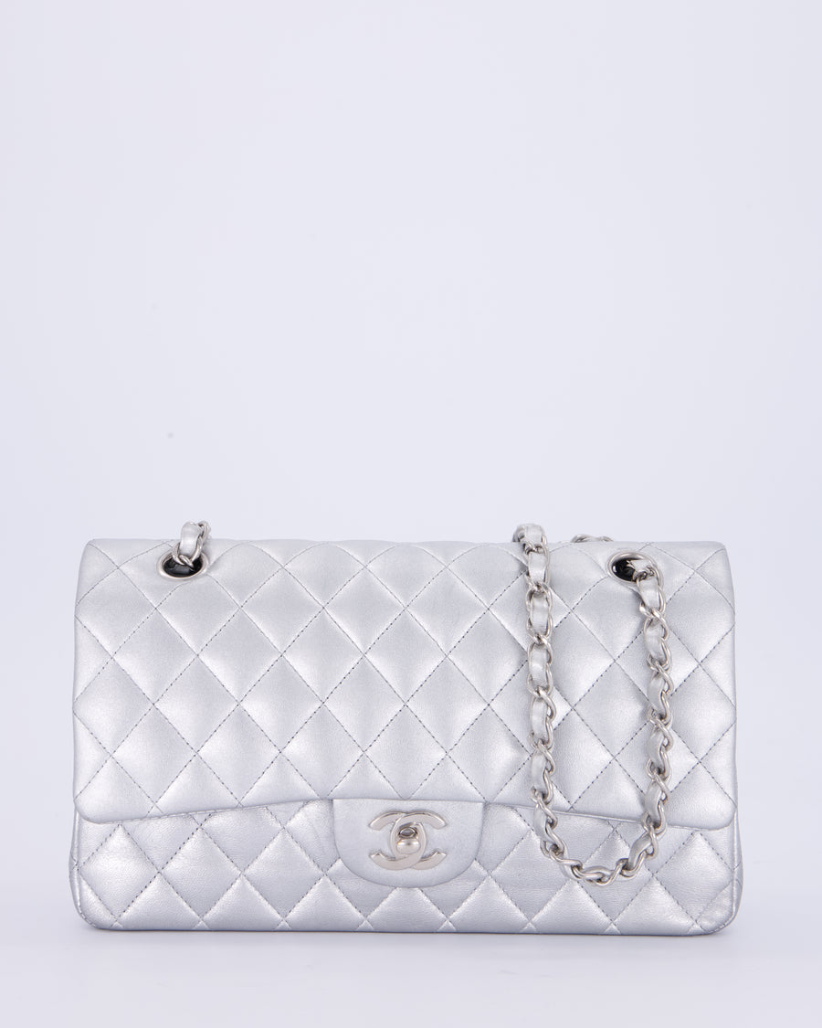 *RARE* Chanel Metallic Silver Medium Classic Double Flap Bag in Lambskin Leather with Silver Hardware