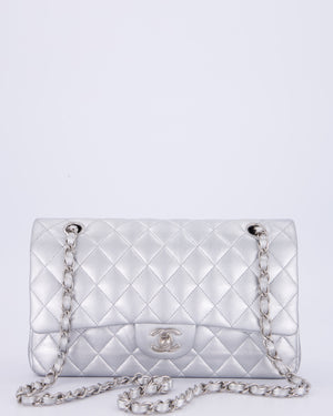 *RARE* Chanel Metallic Silver Medium Classic Double Flap Bag in Lambskin Leather with Silver Hardware