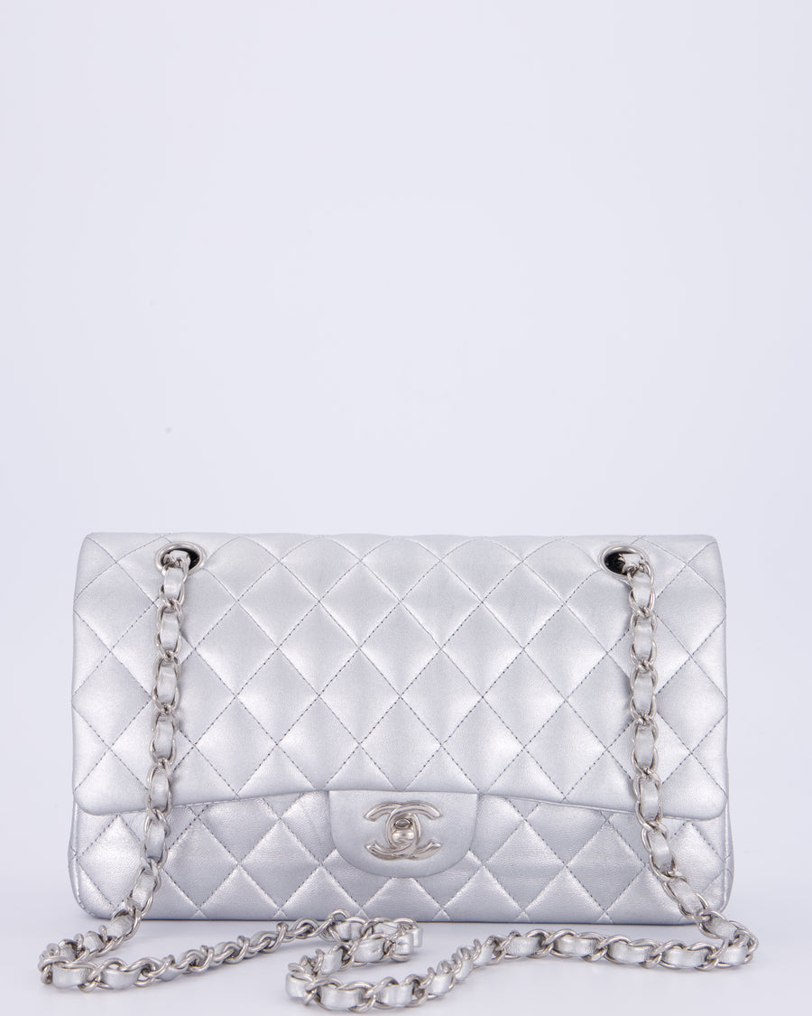 *RARE* Chanel Metallic Silver Medium Classic Double Flap Bag in Lambskin Leather with Silver Hardware