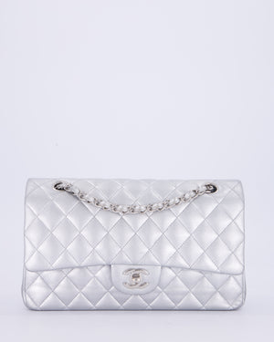 *RARE* Chanel Metallic Silver Medium Classic Double Flap Bag in Lambskin Leather with Silver Hardware