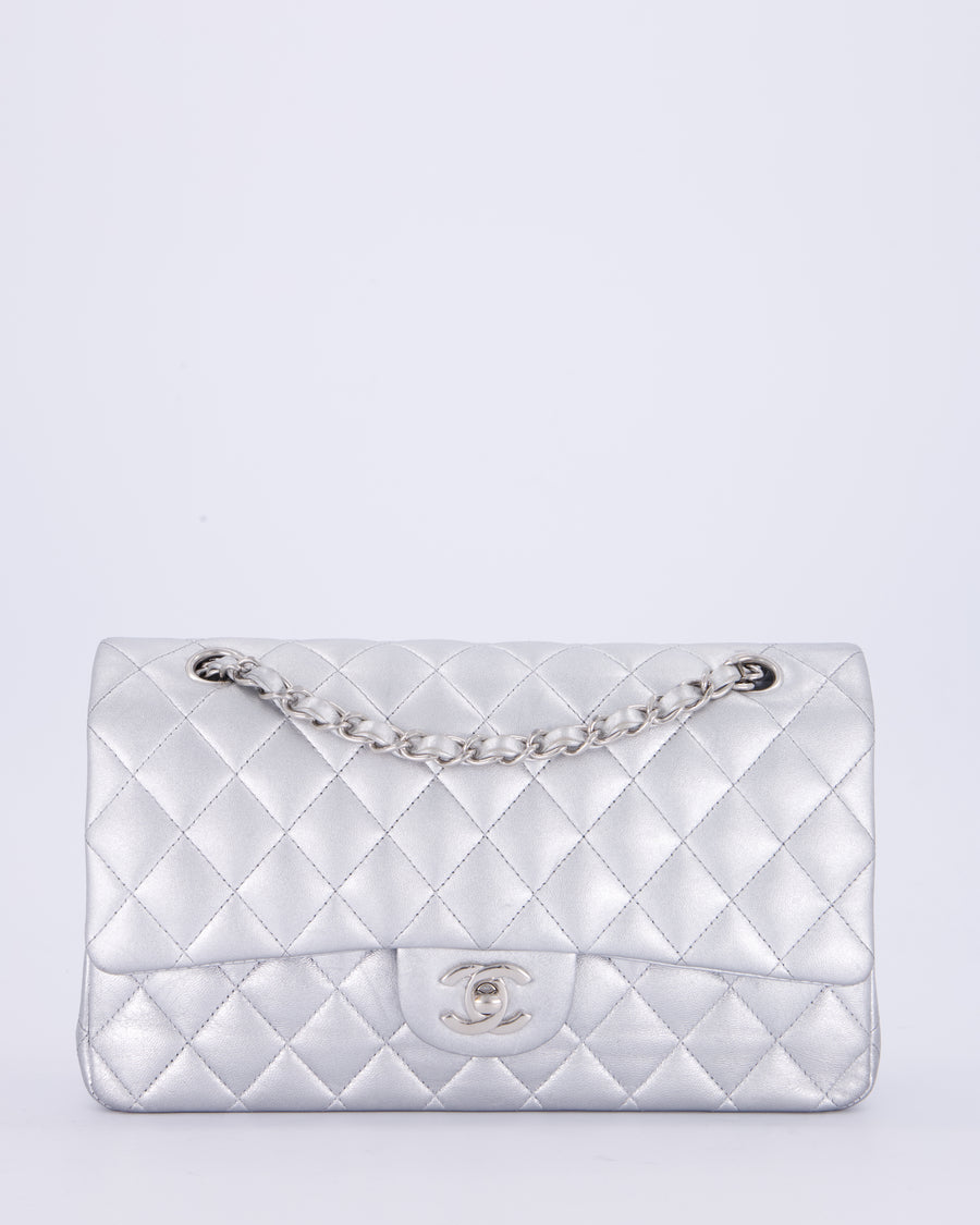*RARE* Chanel Metallic Silver Medium Classic Double Flap Bag in Lambskin Leather with Silver Hardware