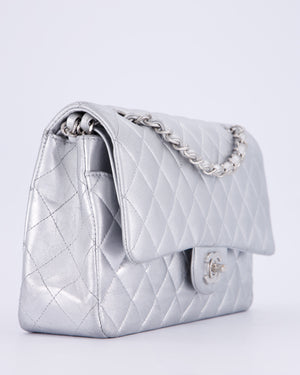 *RARE* Chanel Metallic Silver Medium Classic Double Flap Bag in Lambskin Leather with Silver Hardware