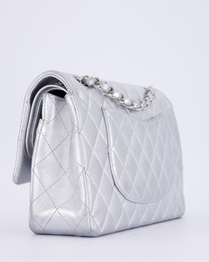 *RARE* Chanel Metallic Silver Medium Classic Double Flap Bag in Lambskin Leather with Silver Hardware