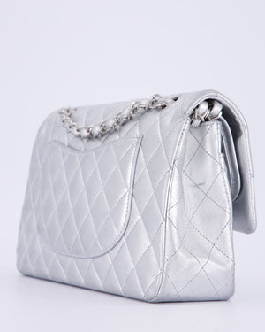 *RARE* Chanel Metallic Silver Medium Classic Double Flap Bag in Lambskin Leather with Silver Hardware