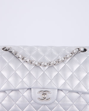 *RARE* Chanel Metallic Silver Medium Classic Double Flap Bag in Lambskin Leather with Silver Hardware