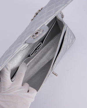 *RARE* Chanel Metallic Silver Medium Classic Double Flap Bag in Lambskin Leather with Silver Hardware