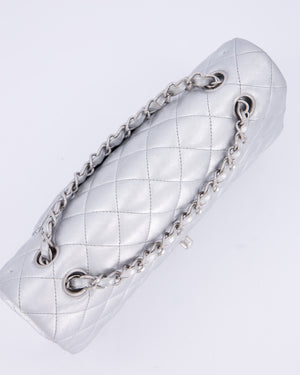 *RARE* Chanel Metallic Silver Medium Classic Double Flap Bag in Lambskin Leather with Silver Hardware