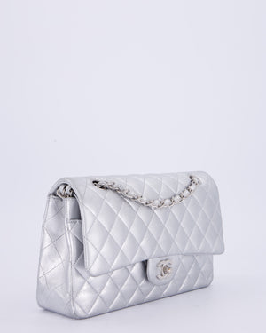 *RARE* Chanel Metallic Silver Medium Classic Double Flap Bag in Lambskin Leather with Silver Hardware