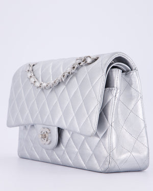 *RARE* Chanel Metallic Silver Medium Classic Double Flap Bag in Lambskin Leather with Silver Hardware