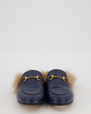 Gucci Navy Leather With Fur-Lined Princetown Mules With Gold Horsebit Hardware Size EU 35