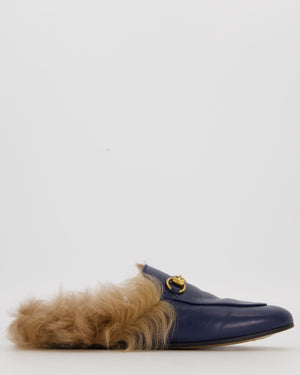 Gucci Navy Leather With Fur-Lined Princetown Mules With Gold Horsebit Hardware Size EU 35