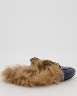 Gucci Navy Leather With Fur-Lined Princetown Mules With Gold Horsebit Hardware Size EU 35