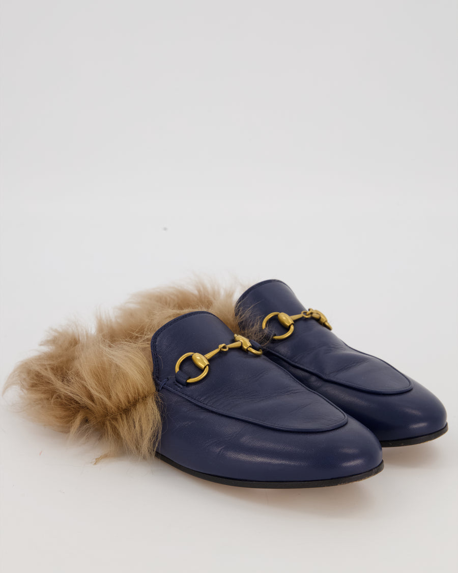 Gucci Navy Leather With Fur-Lined Princetown Mules With Gold Horsebit Hardware Size EU 35