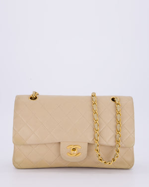 Chanel Vintage Beige Medium Classic Double Flap Bag in Lambskin Leather with 24K Gold Hardware