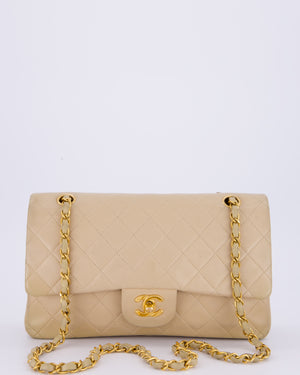 Chanel Vintage Beige Medium Classic Double Flap Bag in Lambskin Leather with 24K Gold Hardware