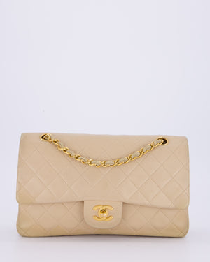 Chanel Vintage Beige Medium Classic Double Flap Bag in Lambskin Leather with 24K Gold Hardware