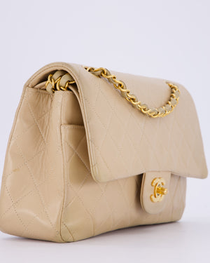 Chanel Vintage Beige Medium Classic Double Flap Bag in Lambskin Leather with 24K Gold Hardware