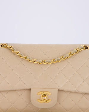 Chanel Vintage Beige Medium Classic Double Flap Bag in Lambskin Leather with 24K Gold Hardware