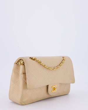 Chanel Vintage Beige Medium Classic Double Flap Bag in Lambskin Leather with 24K Gold Hardware